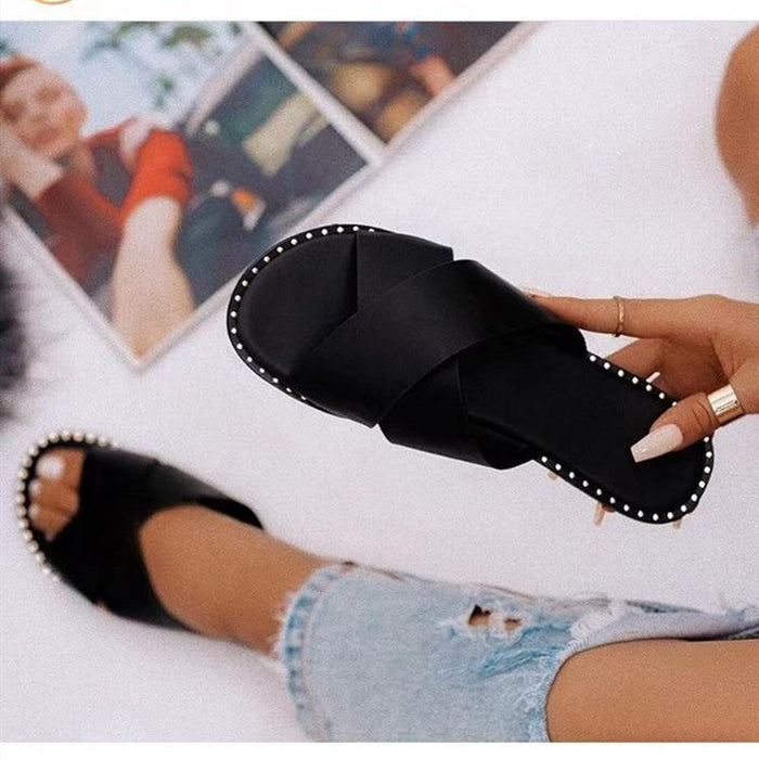 Wholesale Large Size Flat Casual Leopard Print One-Line Rhinestone Women's Sandals JDC-SD-ZuiM005