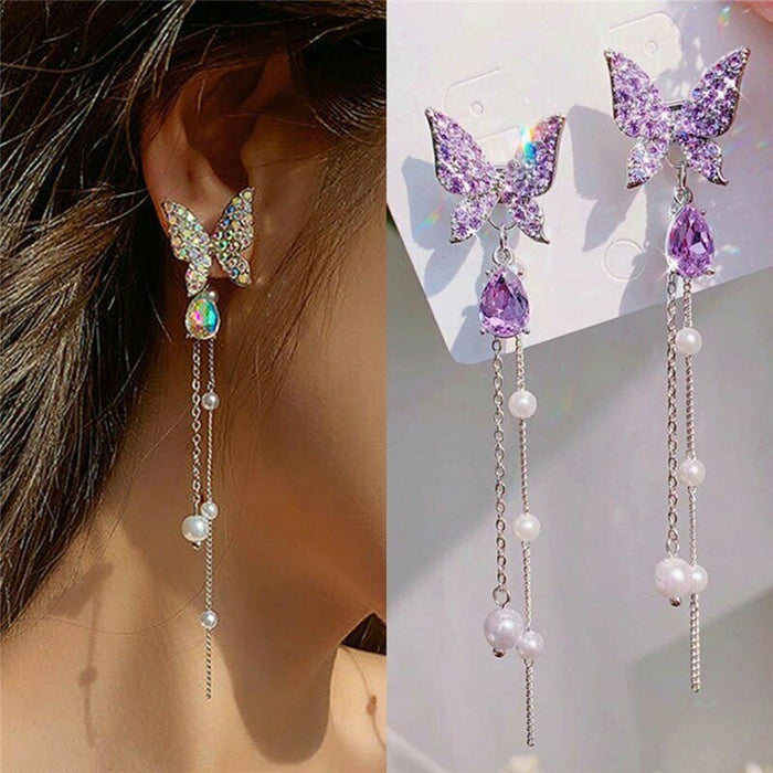 Wholesale Earrings Alloy Purple Butterfly Long Pearl Tassel JDC-ES-XingY002