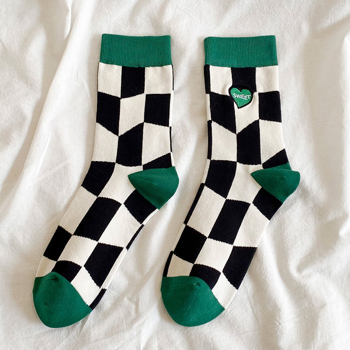 Wholesale green plaid socks women's spring and summer checkerboard socks JDC-SK-CGC004