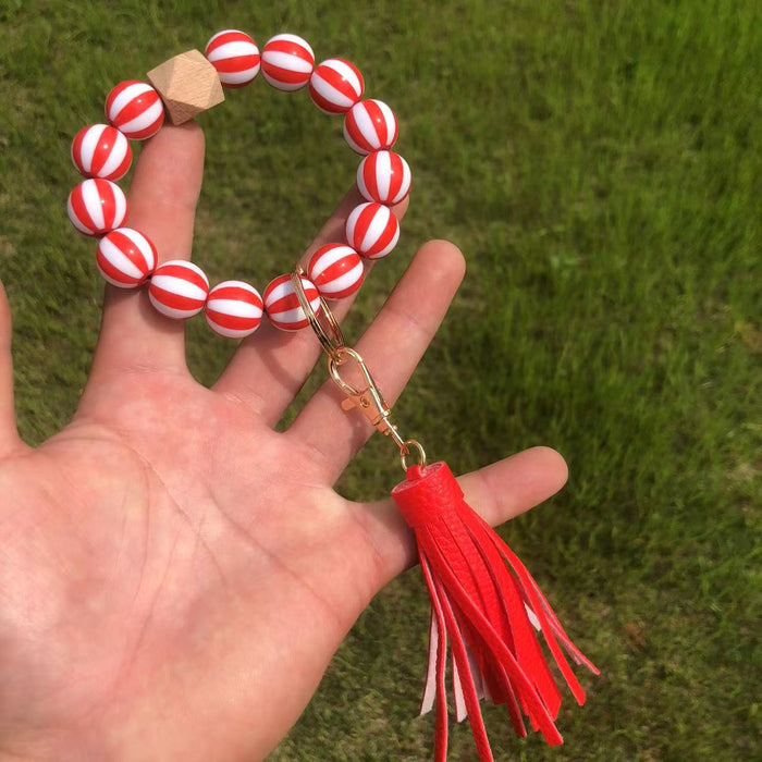 Wholesale Wooden Beaded American Flag Beaded Tassel Wristlet Keychain MOQ≥2 JDC-KC-QXue002