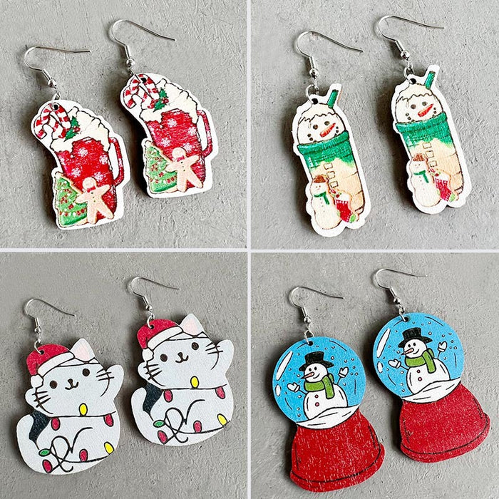 Wholesale Earring Wooden Christmas Drink Food Snowball Pet Lantern 2 Pairs JDC-ES-HeYi075