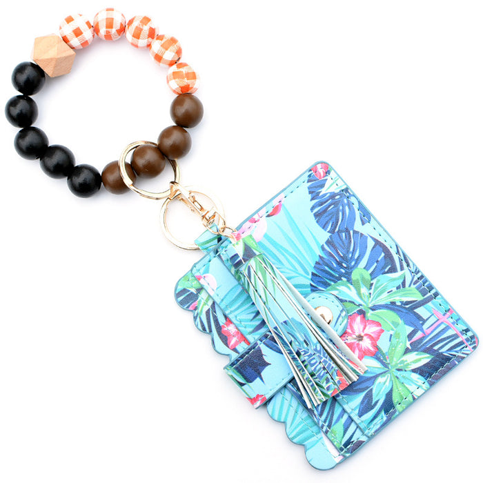 Wholesale Keychains Wooden Beads PU Leather Alloy Leopard Coin Purse Bag JDC-KC-MaoL002