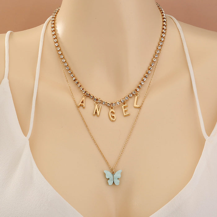 Wholesale Jewelry Simple Fashion Blue Butterfly Double Layer Necklace JDC-NE-NM064