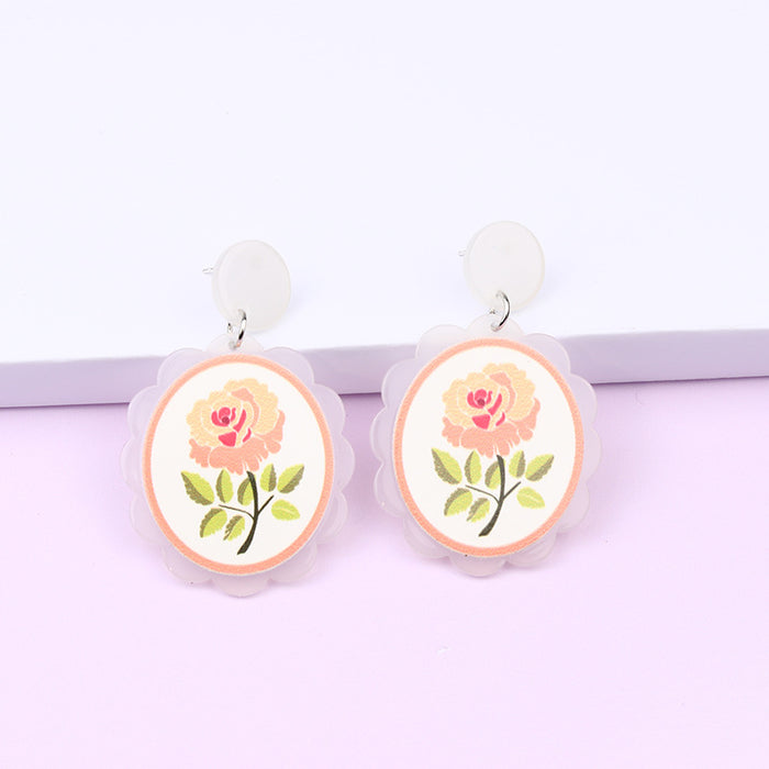 Wholesale love oval rose flower grass earrings fashion acrylic JDC-ES-DUAI015