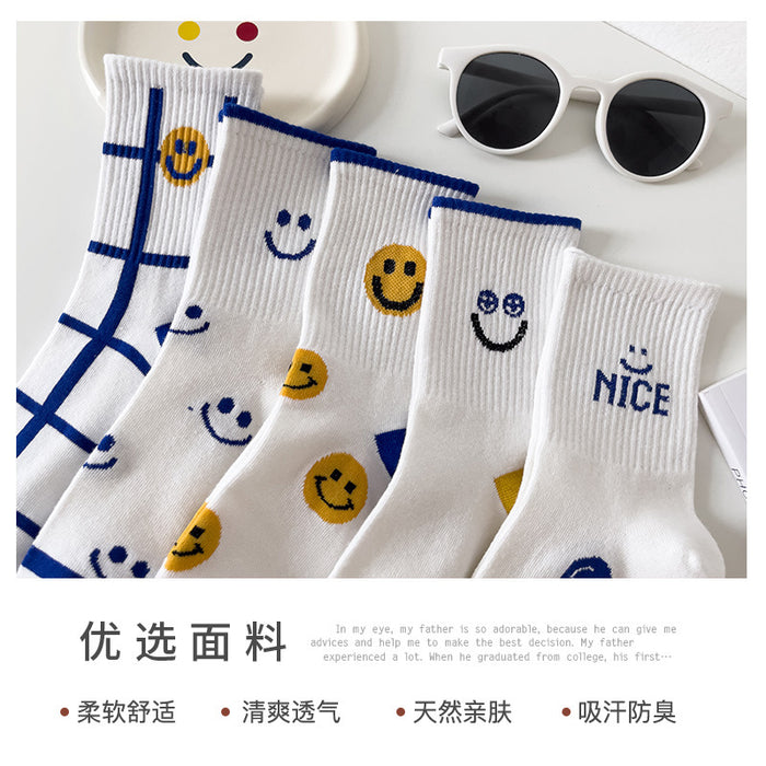 Wholesale Sock Cotton Sweat Absorbing Socks Blue and White Smiley MOQ≥2 JDC-SK-CYu019