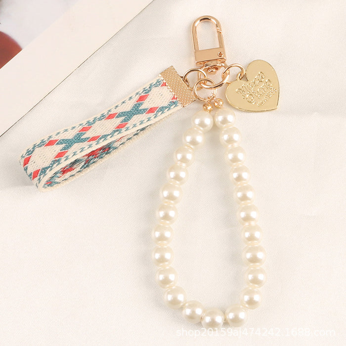 Jewelry WholesaleWholesale Alloy Striped Fabric With Pearl Heart Keychain JDC-KC-YiHan001 Keychains 伊菡 %variant_option1% %variant_option2% %variant_option3%  Factory Price JoyasDeChina Joyas De China