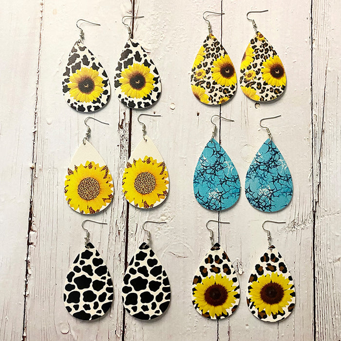 Wholesale Earrings Leather Leopard Sunflower Print Earrings 2 pairs JDC-ES-Qunyi015