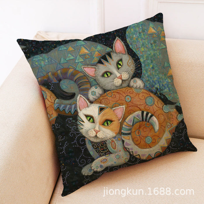 Wholesale Pillow Cover Art Mural Cat Print Cotton Linen Hug JDC-PW-Jiongkun003