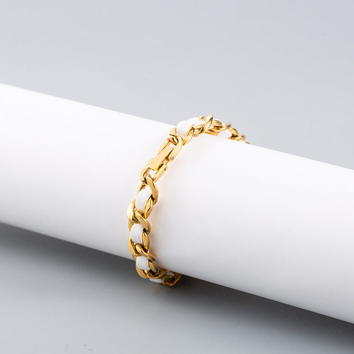 Wholesale Bracelet Titanium Steel White Leather Braided Gold Cuban Chain MOQ≥2 JDC-BT-XinYuan003