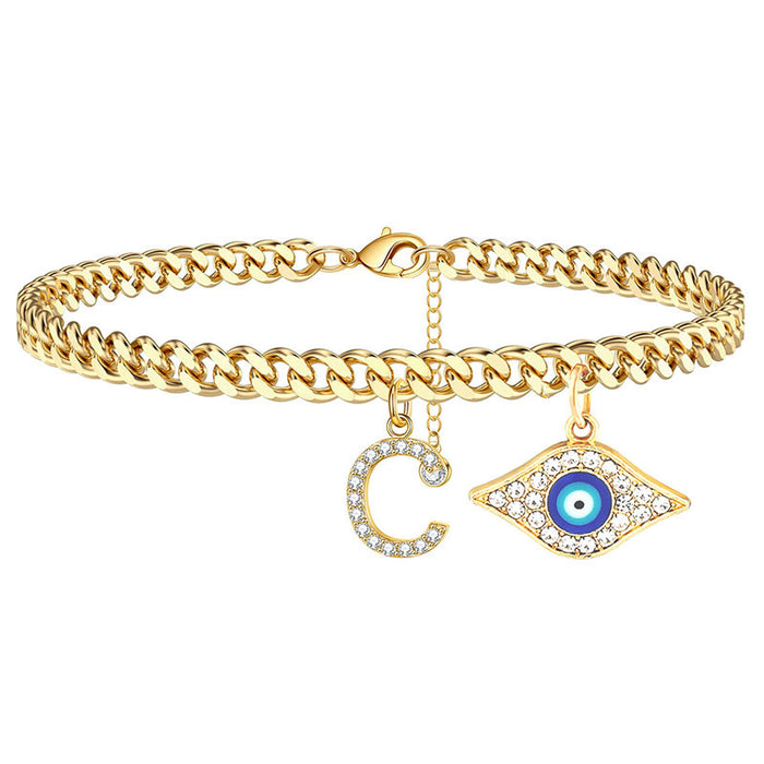 Wholesale 26 English Alphabet Devil's Eye Pendant Cuban Chain Alphabet Anklet JDC-AS-JinM001