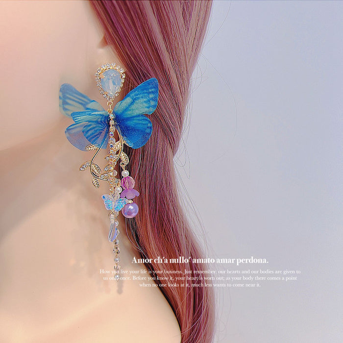 Wholesale Blue Embroidered Butterfly Ball Beads Flower Tassel Earrings JDC-ES-qiant012