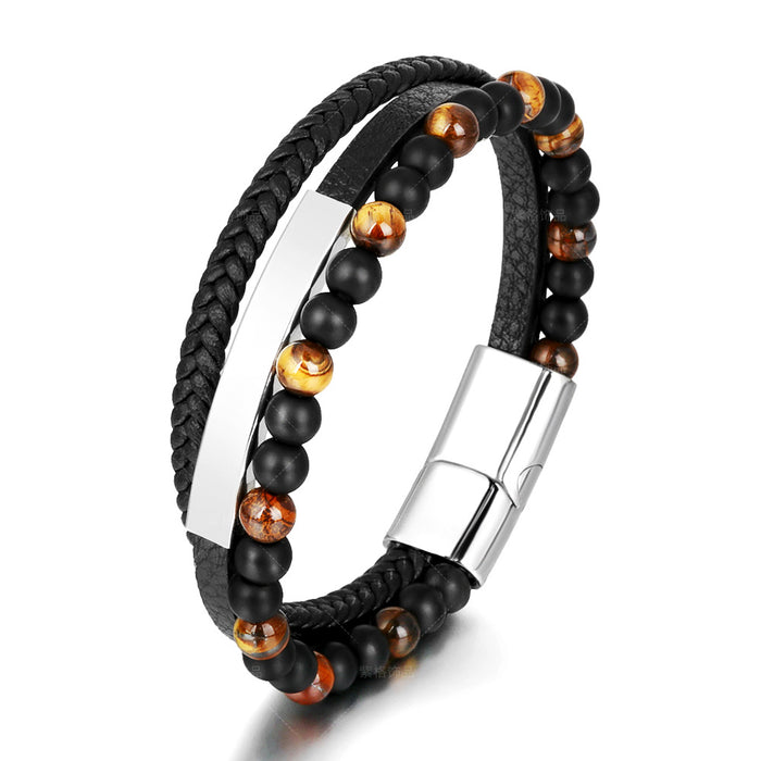 Wholesale tiger eye natural stone bead leather rope weaving Mens Leather Bracelet JDC-BT-ZiGe004