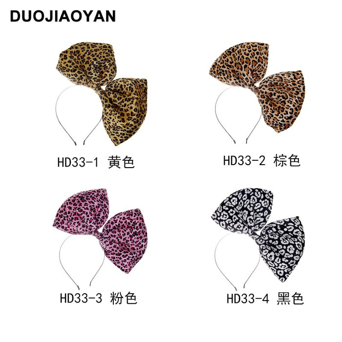 Wholesale Leopard Print Exaggerated Oversized Bow Satin Cloth Iron Headband MOQ≥3 JDC-HD-Jiaoy012