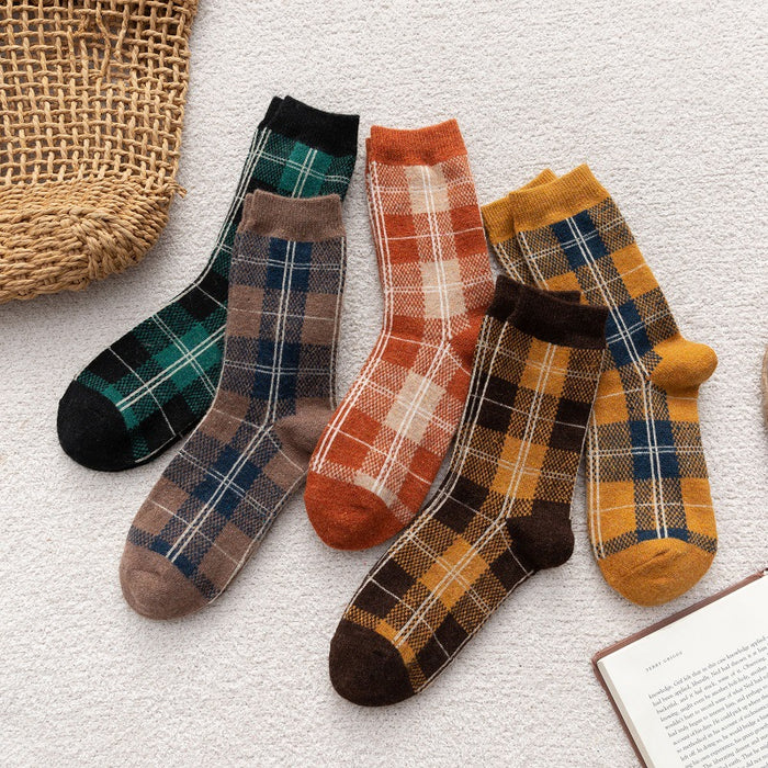 Wholesale Socks Wool Mid-Cylinder Warmth Thick Retro Plaid JDC-SK-ChangShen005