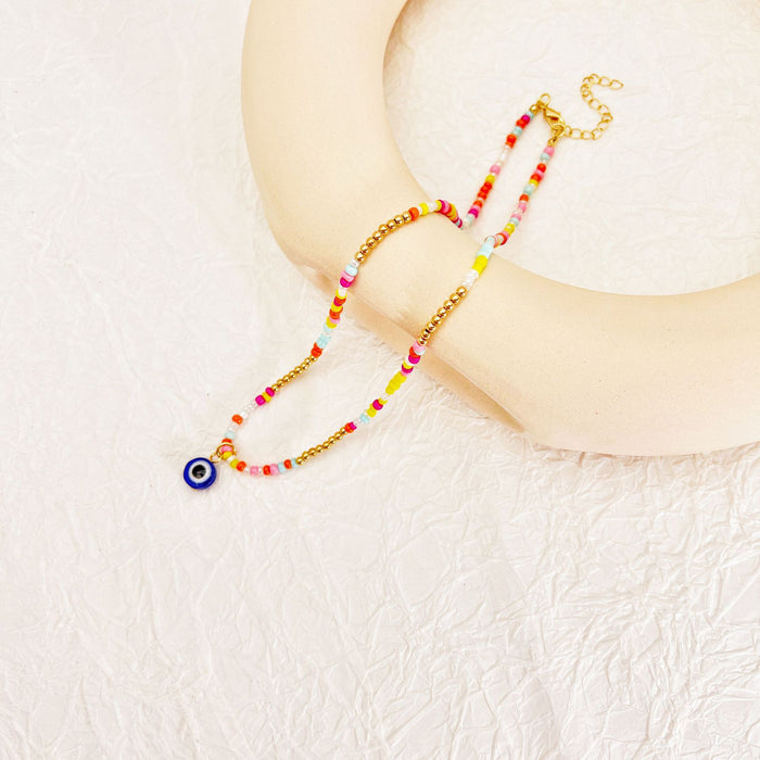 Wholesale Necklace Color Rice Bead Devil Eye Pendant Clavicle Chain MOQ≥2 JDC-NE-QingH005