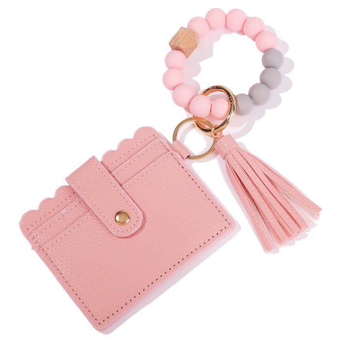 Jewelry WholesaleWholesale PU Leather Silicone Beaded Tassel Card Holder Keychain JDC-KC-JinHan002 Keychains 金涵 %variant_option1% %variant_option2% %variant_option3%  Factory Price JoyasDeChina Joyas De China