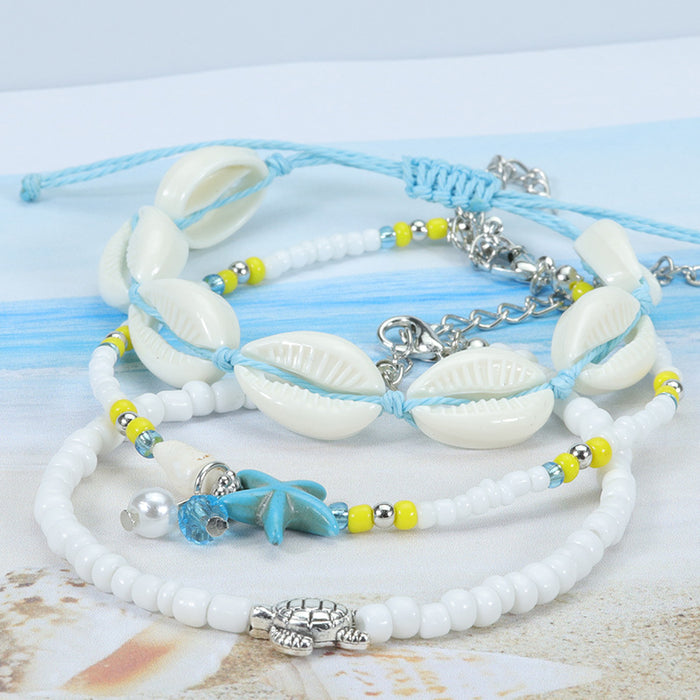 Jewelry WholesaleWholesale starfish turtle shell multi-layer rice bead woven anklet three-piece set JDC-AS-Yiye003 Anklets 益烨 %variant_option1% %variant_option2% %variant_option3%  Factory Price JoyasDeChina Joyas De China