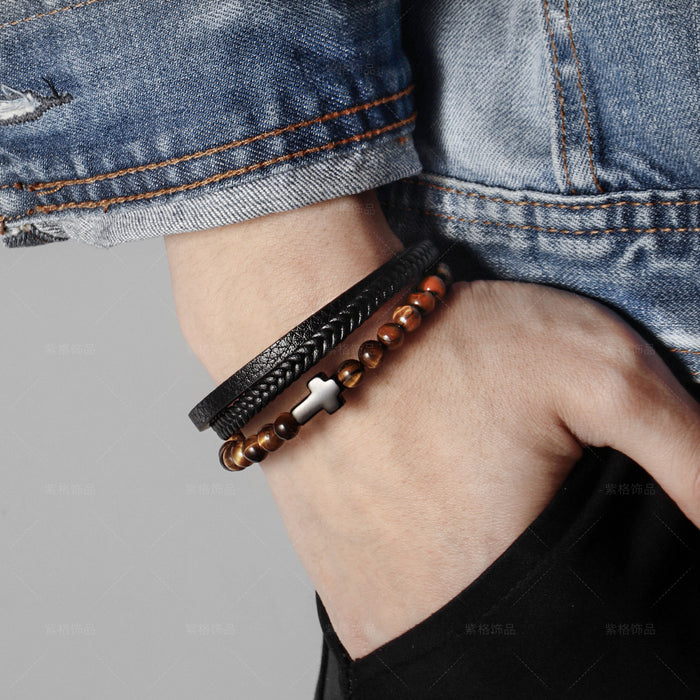 Wholesale Stainless Steel Natural Tiger Eye Agate Stone Cross Mens Leather Bracelet JDC-BT-ZiGe002