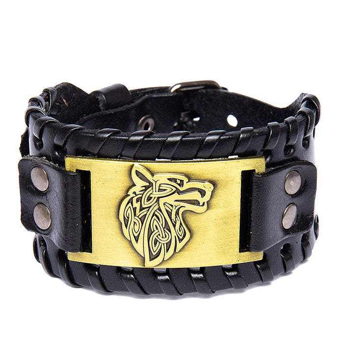 Wholesale Handmade Leather Double Layer Alloy Wolf Head Wide Leather Bracelet JDC-BT-BaB001