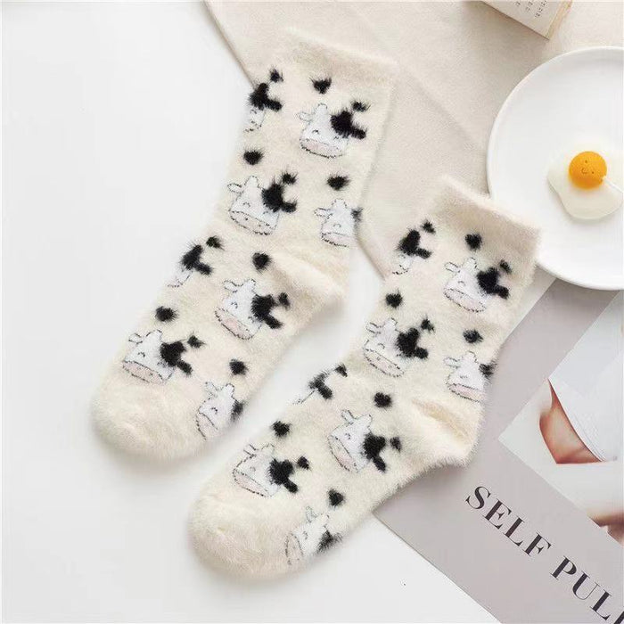 Wholesale Sock Cotton Mink Fleece Black and White Cow Pattern Thick Breathable Sweat-absorbing MOQ≥2 JDC-SK-LanXii001