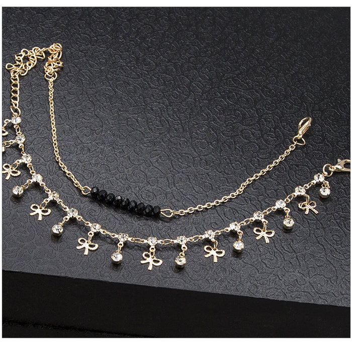 Wholesale glittering rhinestone Bow Pendant Black Beads Foot Chain JDC-AS-ZuanL007