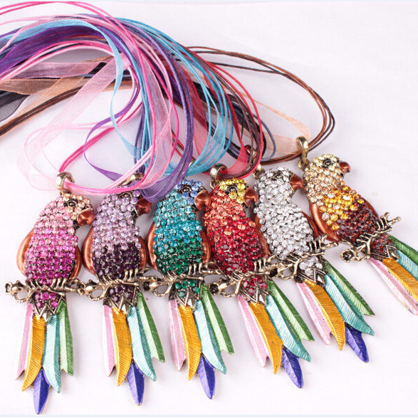 Wholesale Electroplated Colorful Feather Parrot Lace Rope Necklace JDC-NE-LvXin007