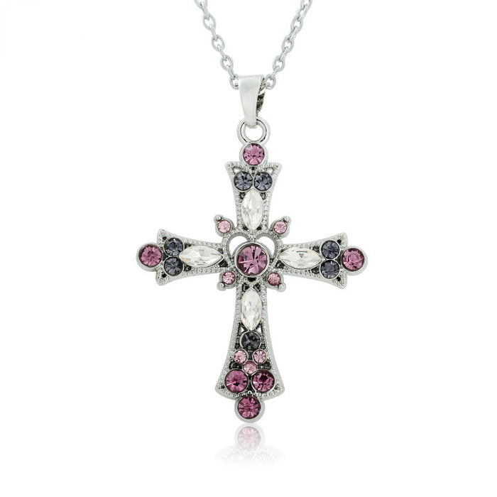 Wholesale Boho Style Crystal Diamond Color Cross Pendant Necklace MOQ≥2 JDC-NE-GEXA001