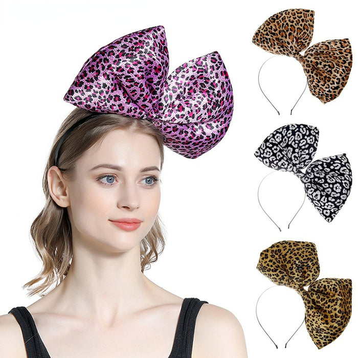 Wholesale Leopard Print Exaggerated Oversized Bow Satin Cloth Iron Headband MOQ≥3 JDC-HD-Jiaoy012