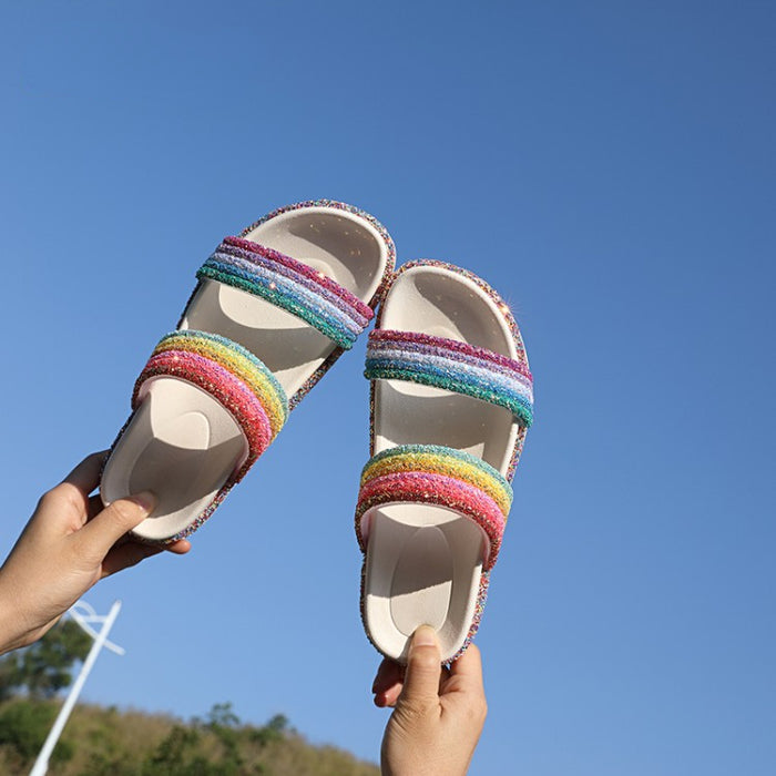 Wholesale Summer Women Slippers Double Strap Rainbow Stripes JDC-SP-Xuanyang003