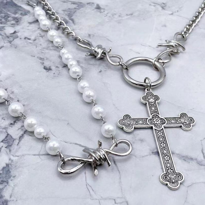 Wholesale Necklaces Titanium Steel Pearl Cross JDC-NE-DLF005