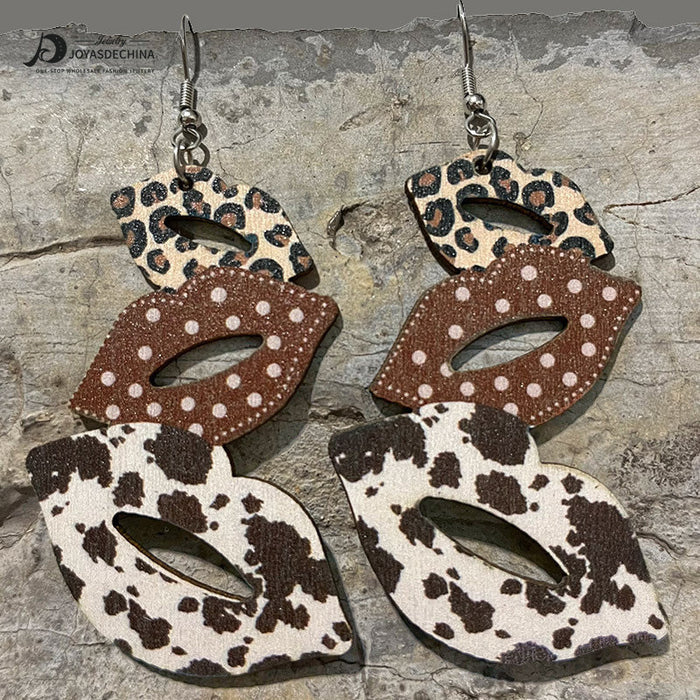 Wholesale Earrings Wooden Lips Block Color Western Cowboy Boots Leopard Print 2 Pairs JDC-ES-HeYi089