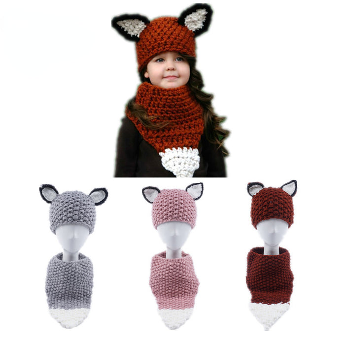 Wholesale Hat Wool Cute Fox Children's Scarf 2-piece Set MOQ≥3 JDC-FH-Xianju006