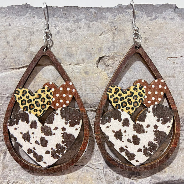 Wholesale Earrings Wooden Printed Hollow Heart 2 Pairs JDC-ES-HeYi090