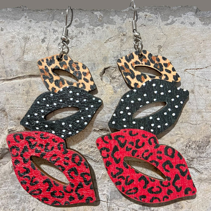 Wholesale Earrings Wooden Lips Block Color Western Cowboy Boots Leopard Print 2 Pairs JDC-ES-HeYi089