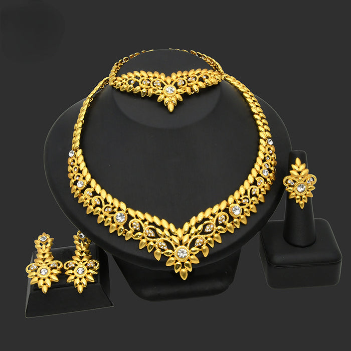 Wholesale Bridal Flower Plated 24K Gold Alloy Necklace Bracelet Earrings Ring Jewelry Set MOQ≥2 JDC-JS-AND003