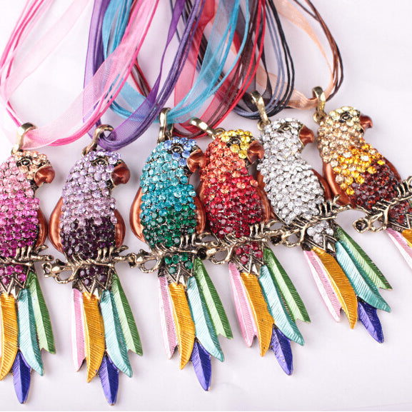 Wholesale Electroplated Colorful Feather Parrot Lace Rope Necklace JDC-NE-LvXin007