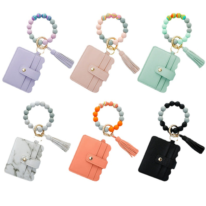 Wholesale Silicone Beaded Leather Card Holder Wristlet Keychain MOQ≥2 JDC-KC-JM037