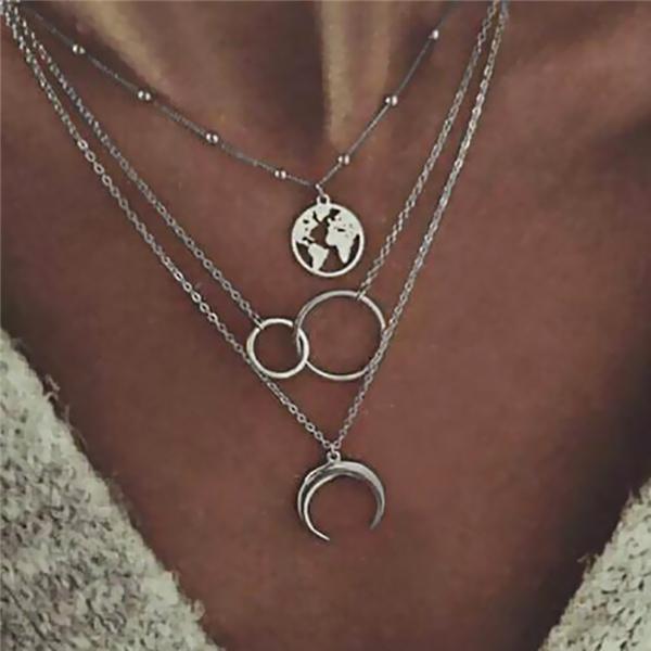 Bulk Jewelry Moon Hollow World Map 3 Layer Necklace Wholesale JDC-NE-c003 Wholesale factory from China YIWU China