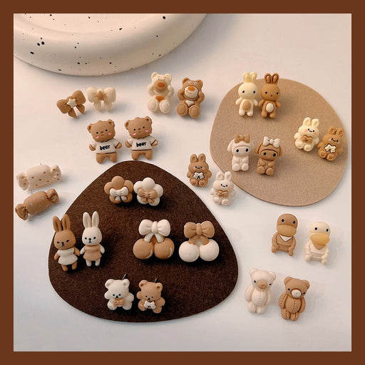 Wholesale 925 Silver Needle Milk Coffee Color Cartoon Bear and Rabbit Earrings JDC-ES-HanXi001 Earrings 涵熙 Wholesale Jewelry JoyasDeChina Joyas De China
