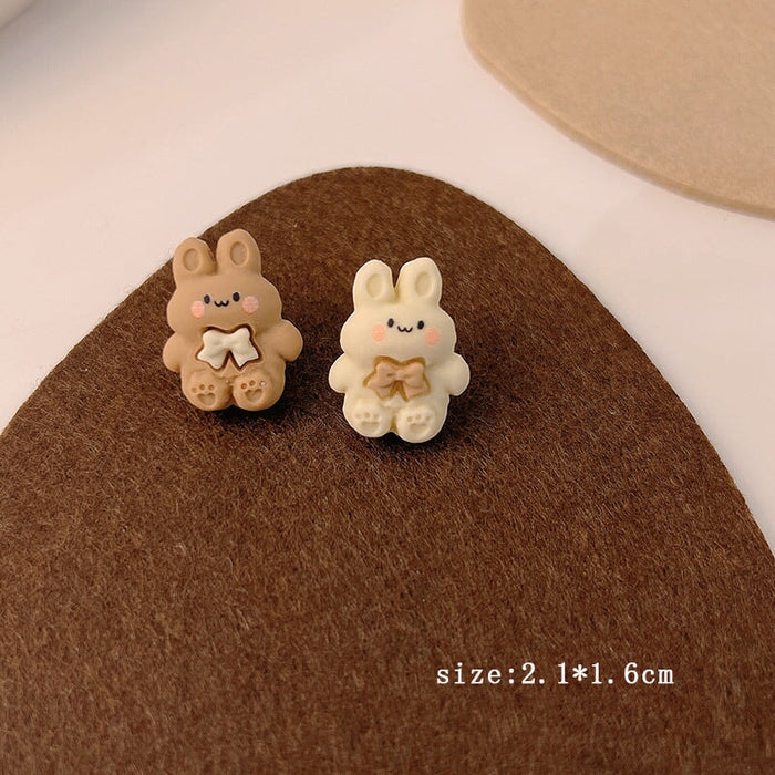 Wholesale 925 Silver Needle Milk Coffee Color Cartoon Bear and Rabbit Earrings JDC-ES-HanXi001 Earrings 涵熙 MY35088 Wholesale Jewelry JoyasDeChina Joyas De China