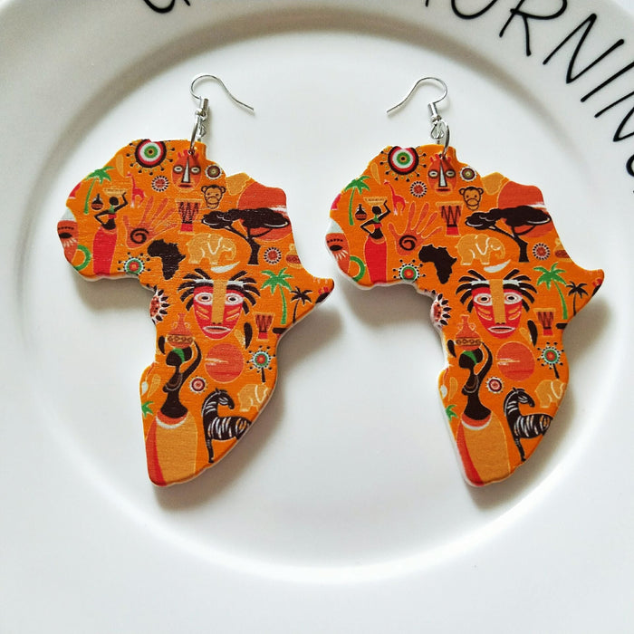 Wholesale African Pattern Geometric Map Wood Earrings MOQ≥2 JDC-ES-AnX001 Earrings 安修 Wholesale Jewelry JoyasDeChina Joyas De China