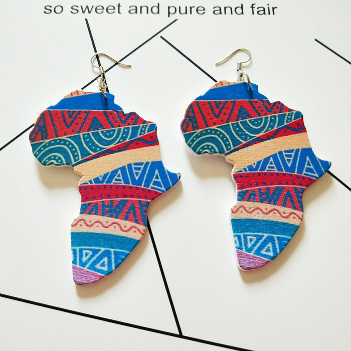 Wholesale African Pattern Geometric Map Wood Earrings MOQ≥2 JDC-ES-AnX001 Earrings 安修 Blue Wholesale Jewelry JoyasDeChina Joyas De China