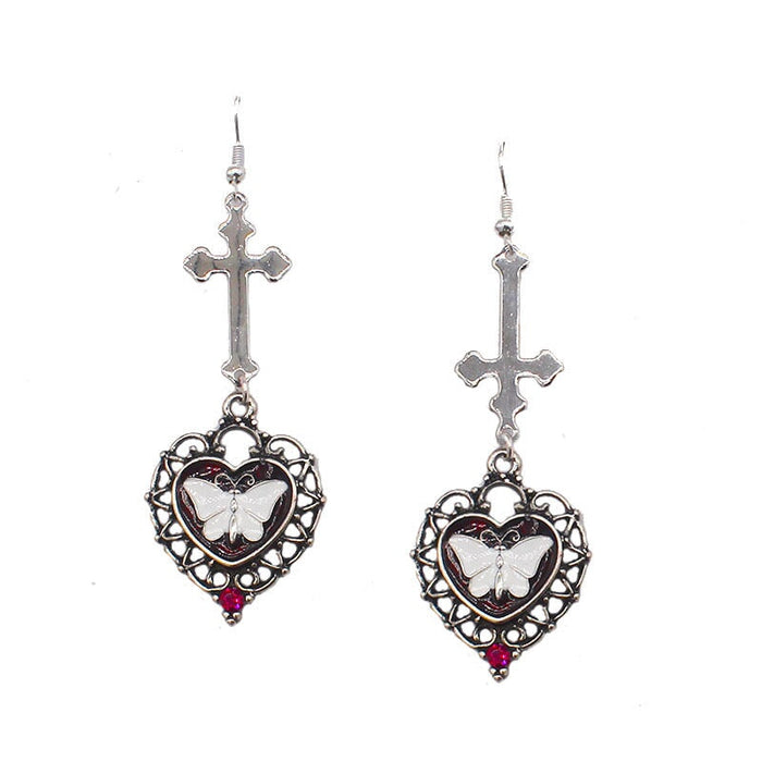 Wholesale alloy cross heart shape ancient silver drip oil white butterfly gemstone earrings JDC-ES-YYFF001 Earrings 燕羽飞飞 1 Wholesale Jewelry JoyasDeChina Joyas De China