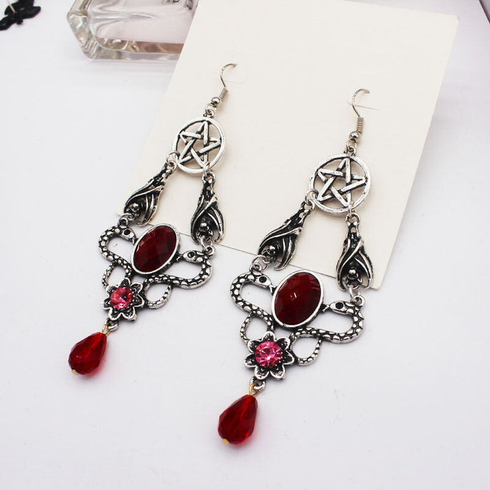 Wholesale ancient silver double snake red glass water drop pentagram alloy earrings JDC-ES-YYFF006 Earrings 燕羽飞飞 Wholesale Jewelry JoyasDeChina Joyas De China