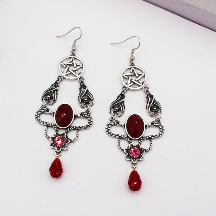 Wholesale ancient silver double snake red glass water drop pentagram alloy earrings JDC-ES-YYFF006 Earrings 燕羽飞飞 Wholesale Jewelry JoyasDeChina Joyas De China
