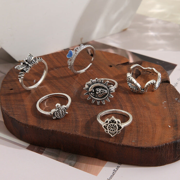 Wholesale ancient silver turtle butterfly vintage snake shape love sun alloy ring set 6 piece set JDC-RS-F087 Rings 韩之尚 Wholesale Jewelry JoyasDeChina Joyas De China