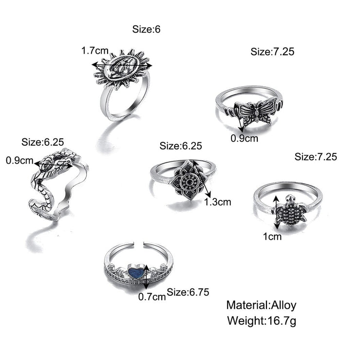 Wholesale ancient silver turtle butterfly vintage snake shape love sun alloy ring set 6 piece set JDC-RS-F087 Rings 韩之尚 Wholesale Jewelry JoyasDeChina Joyas De China