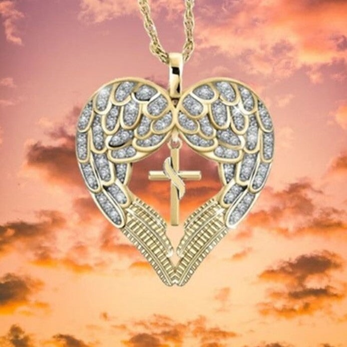 Wholesale Angel Wings Hollow Alloy Rhinestone Cross Necklace JDC-NE-Saip011 Necklaces 赛蒲 gold Wholesale Jewelry JoyasDeChina Joyas De China