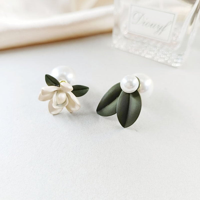 Wholesale asymmetric leaf gardenia flower pearl alloy earrings JDC-ES-HZQ004 Earrings 青之荷 1 Wholesale Jewelry JoyasDeChina Joyas De China