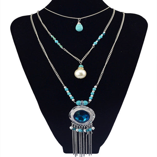 Wholesale Bohemian Silver Plated Turquoise Tassel Necklace JDC-NE-Yunl018 Necklaces 云罗 Wholesale Jewelry JoyasDeChina Joyas De China